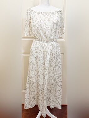 KorMei Chiffon White Floral Print Dress with Green Accents